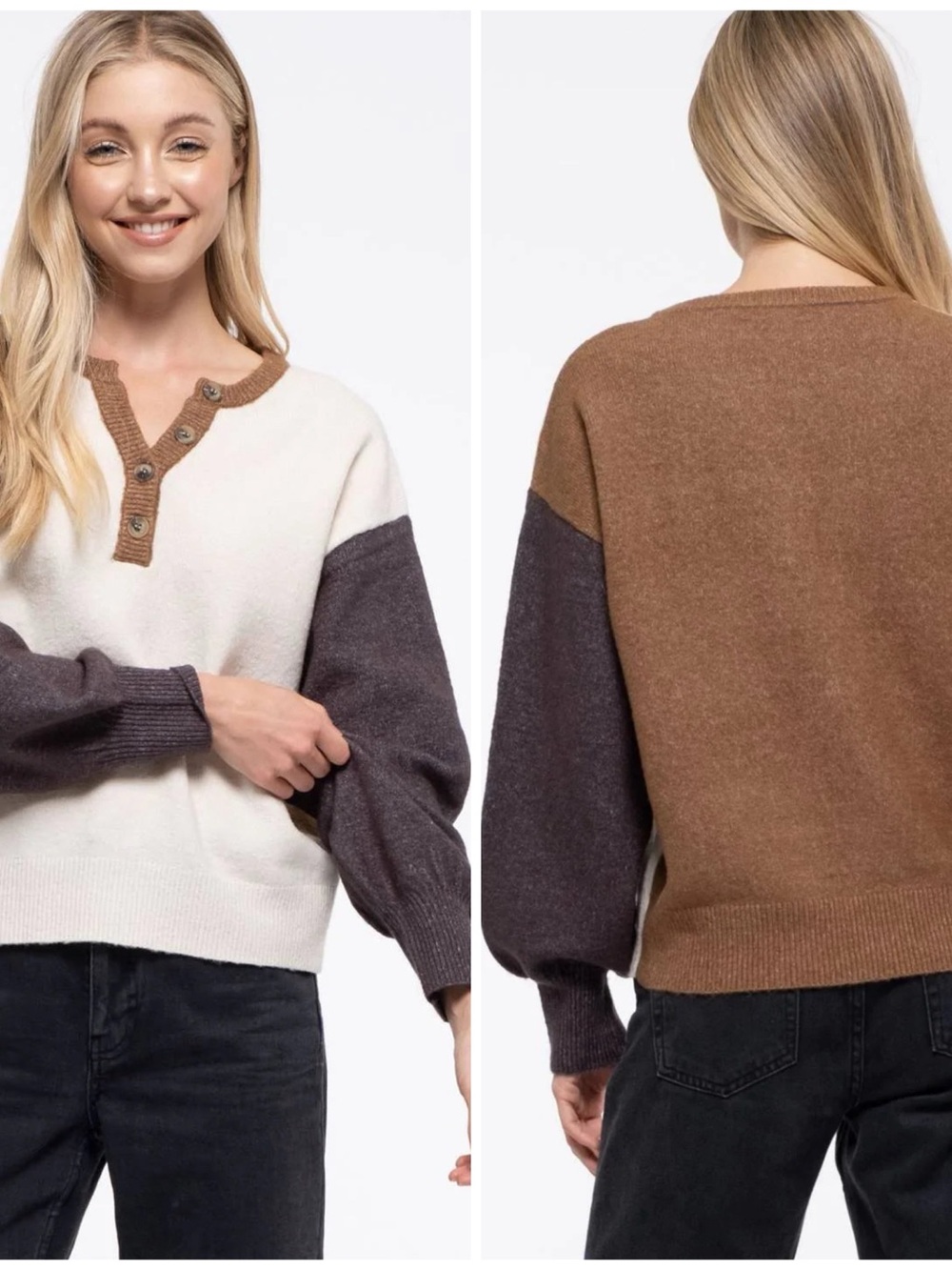 mine Colorblock V-Neck Henley Sweater in Cream, Brown & Dark Gray
